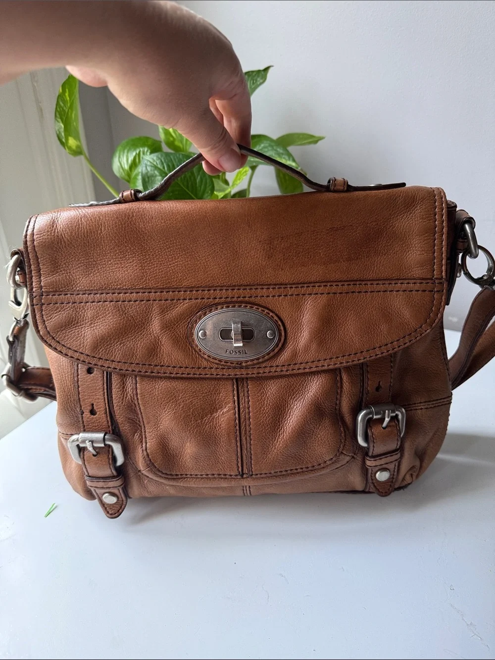 Fossil Tan Leather Messenger Bag with Silver Hardware